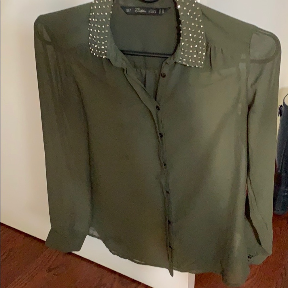 Sheer Green Zara Blouse with Stud Collar XS